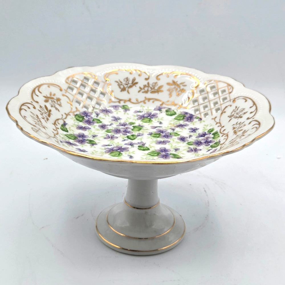 Lefton China Hand Painted Violet Chintz Gold Trim Pedestal Compote KF650V